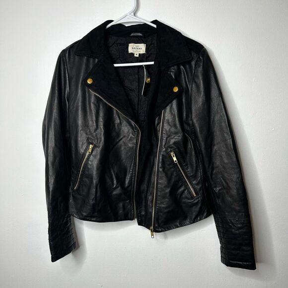 Sezane Black Leather Moto Jacket Size M Full Zip Retro Classic NWT Timeless - Picture 8 of 13